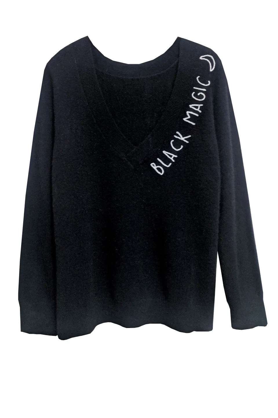 100% Cashmere Essentail V-Neck Sweater in Black with Black Magic Embroidery Stitch