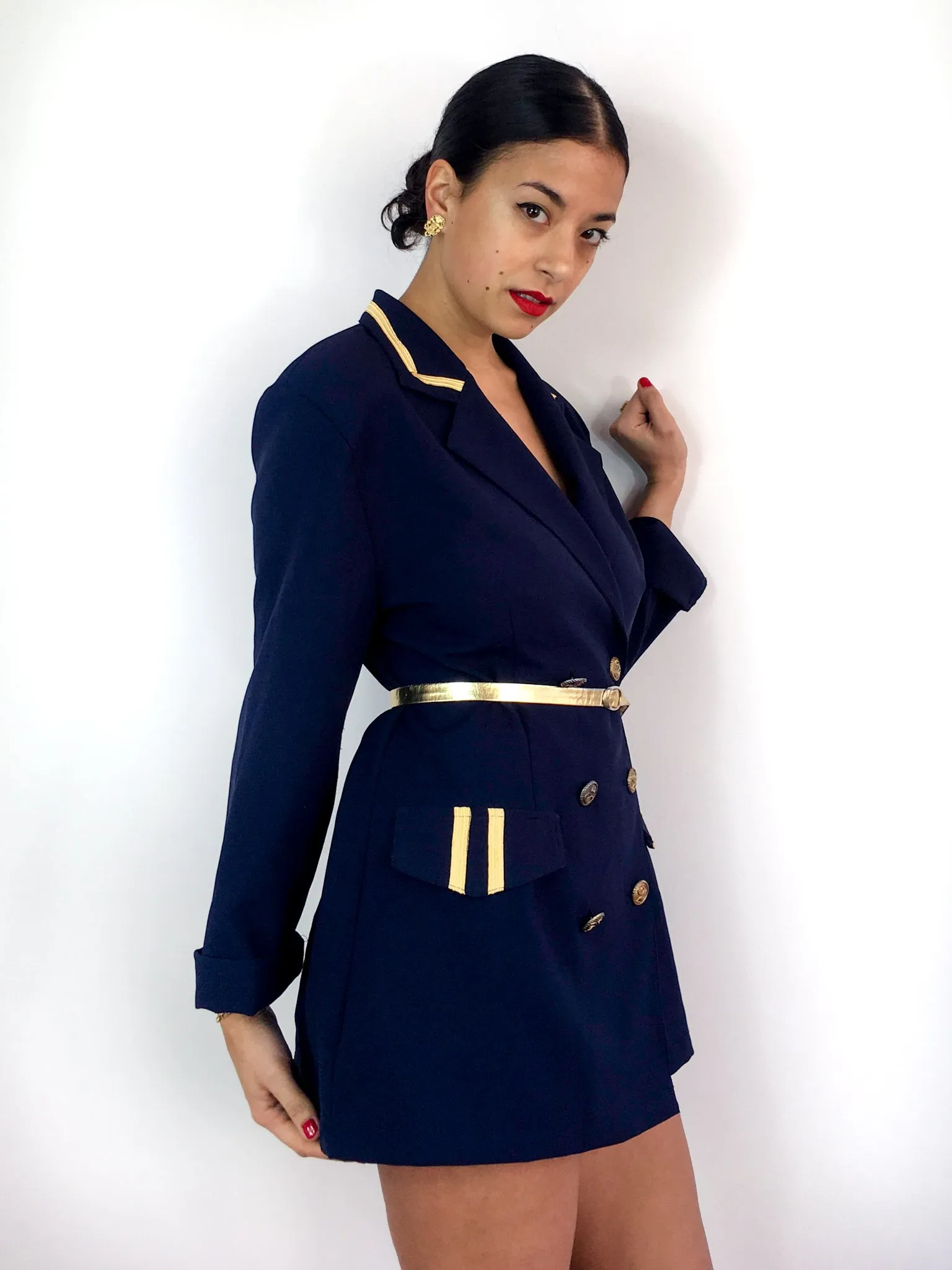 70s vintage navy blue light blazer, gold-toned details