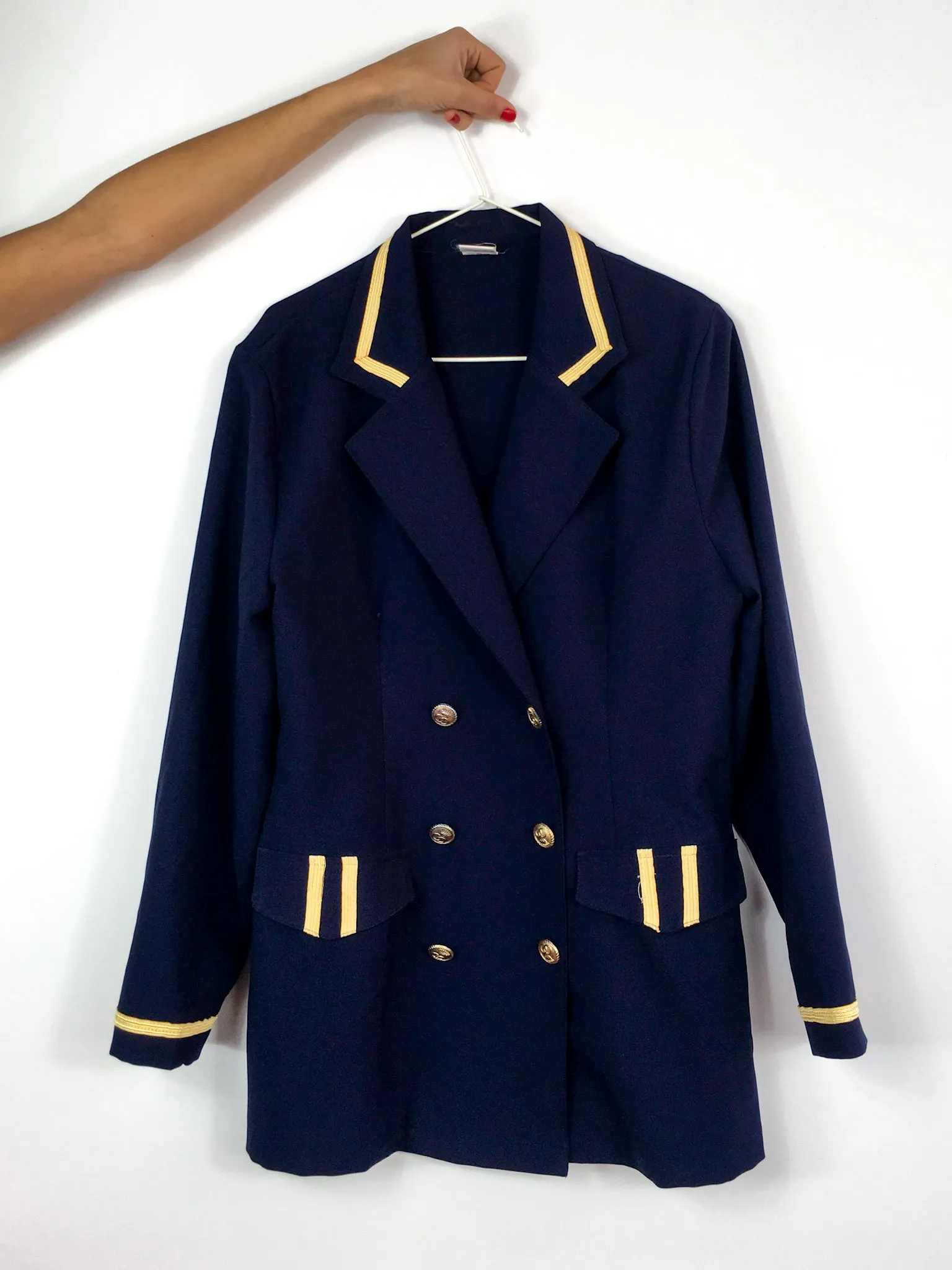 70s vintage navy blue light blazer, gold-toned details