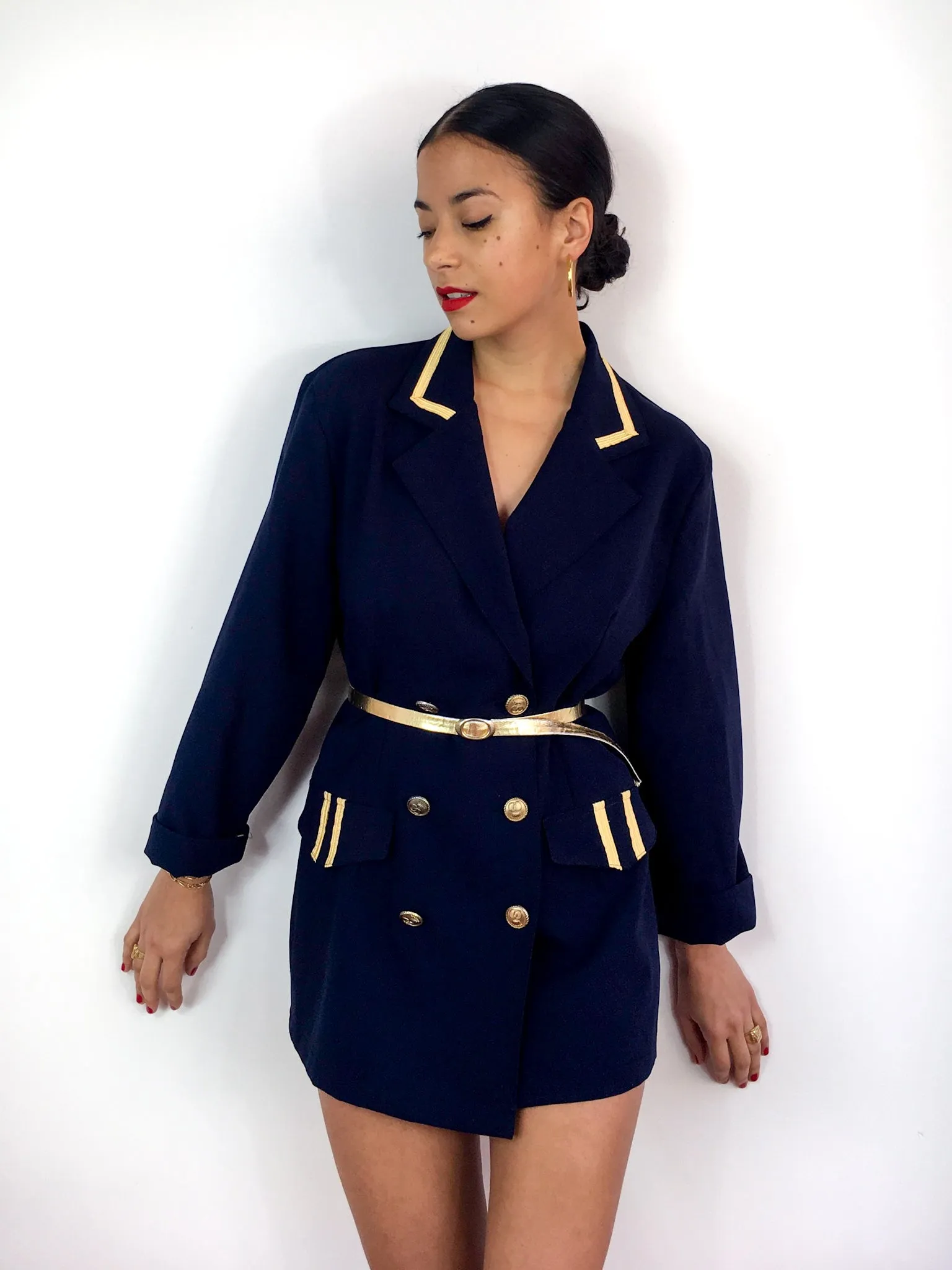 70s vintage navy blue light blazer, gold-toned details