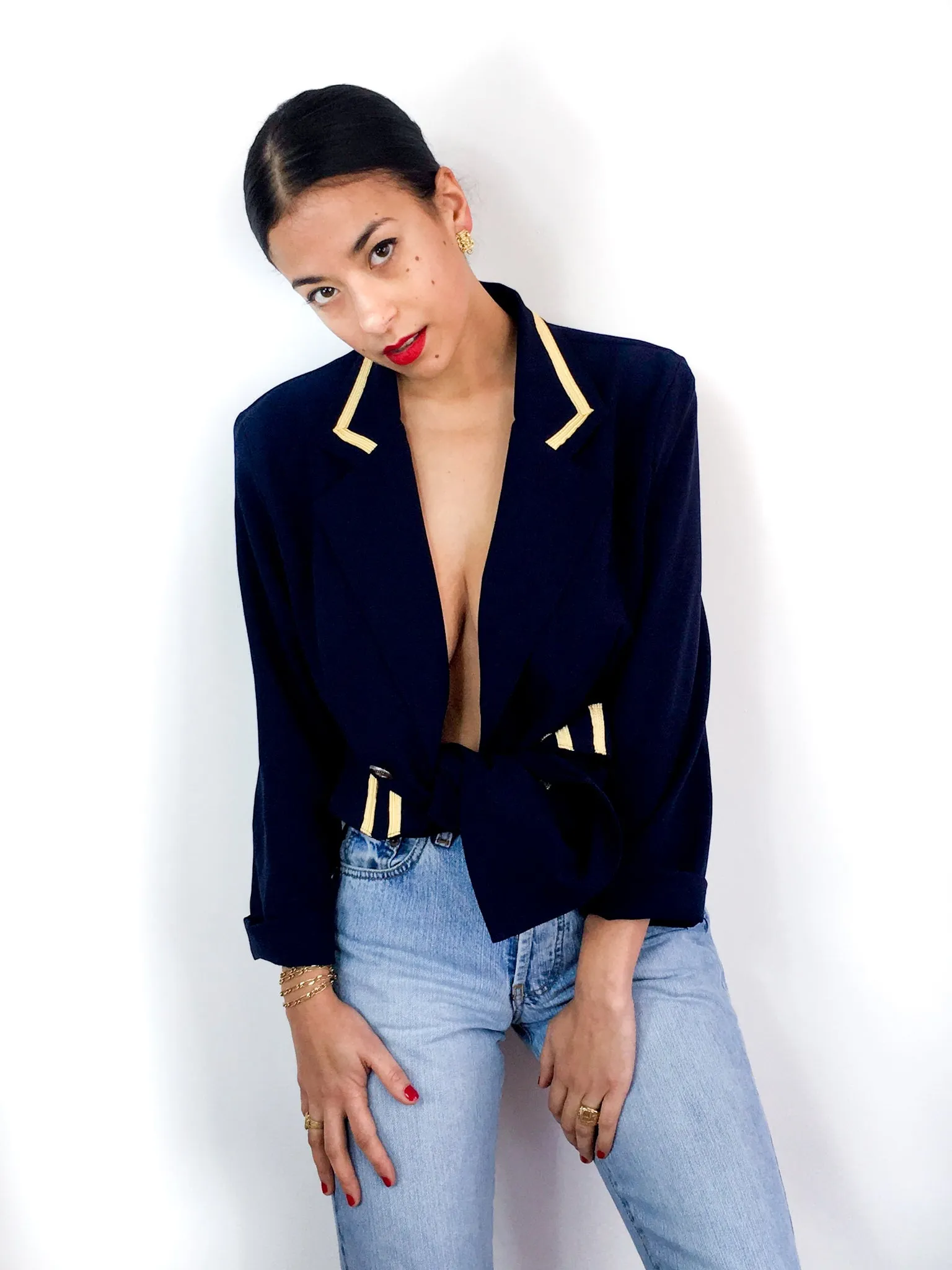 70s vintage navy blue light blazer, gold-toned details