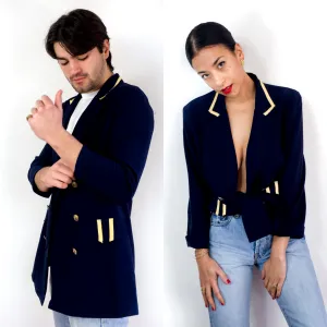 70s vintage navy blue light blazer, gold-toned details