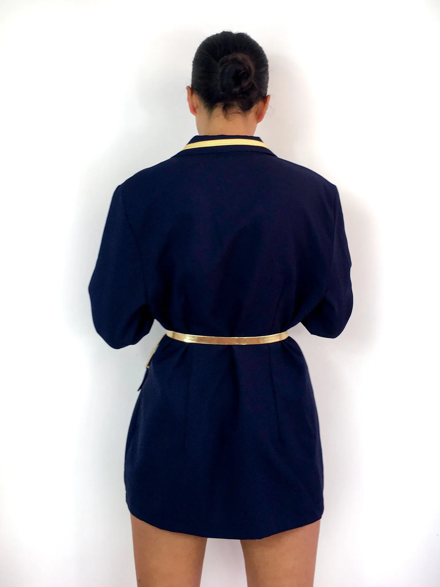 70s vintage navy blue light blazer, gold-toned details