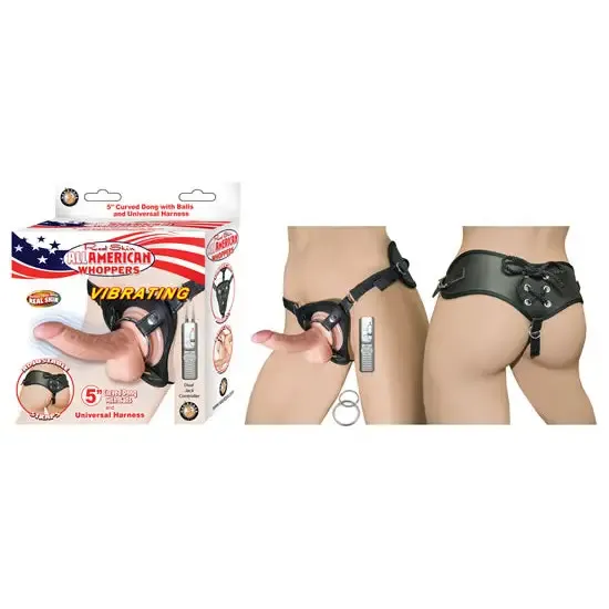 All American Whoppers 5 Vibrating Curved Dong W/balls Flesh & Universal Harness"