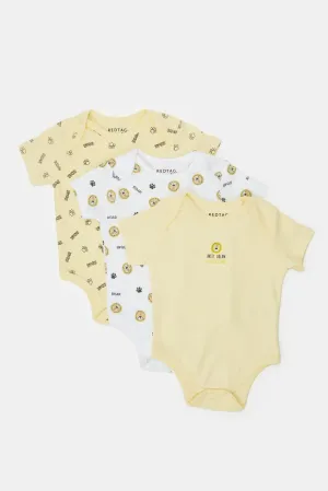 Baby Yellow And White Printed Bodysuit Set (Pack Of 3)