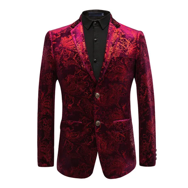 Baroque Pattern Men Slim Fit Burgundy Velvet Blazer