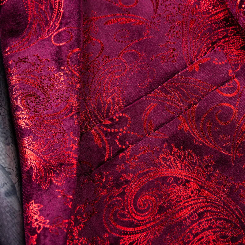 Baroque Pattern Men Slim Fit Burgundy Velvet Blazer