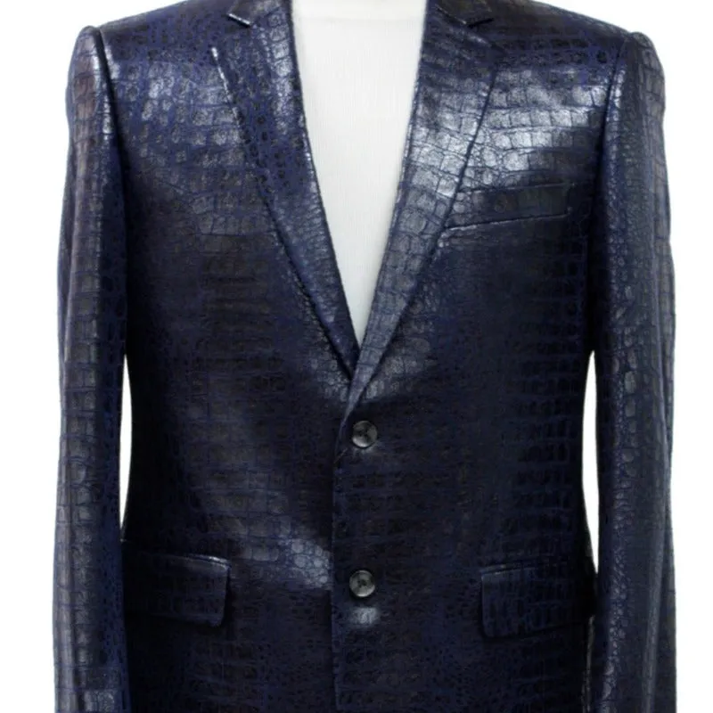 Bassiri Navy Blue Faux Alligator Embossed Leather Classic-Fit  Men's Blazer