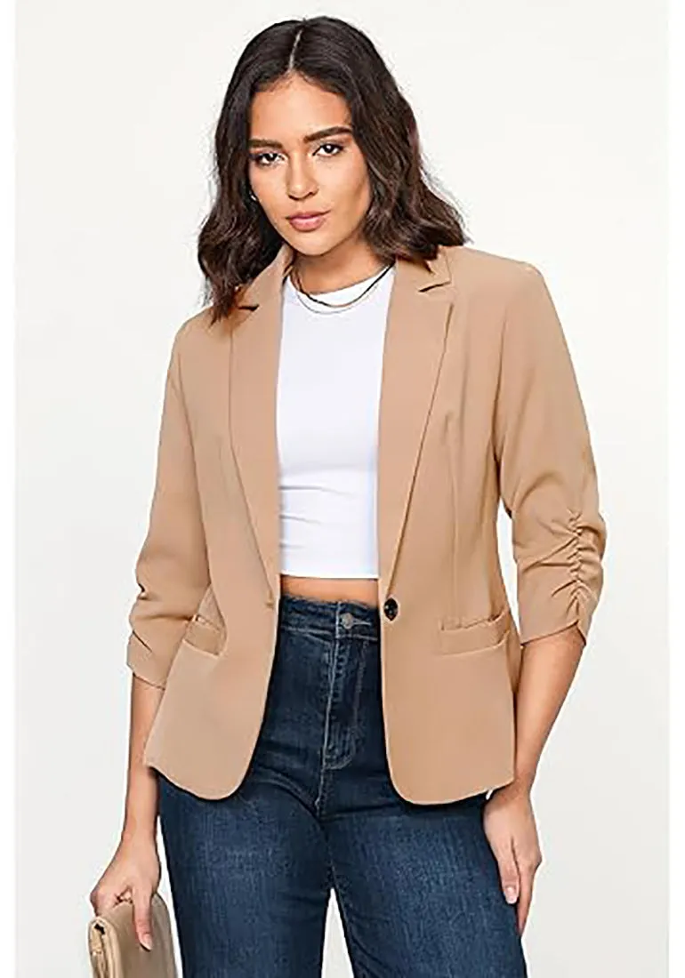 Beige LookbookStore Women's Crop Sleeves Side Pockets Front Button Short Work Office Blazer Coats