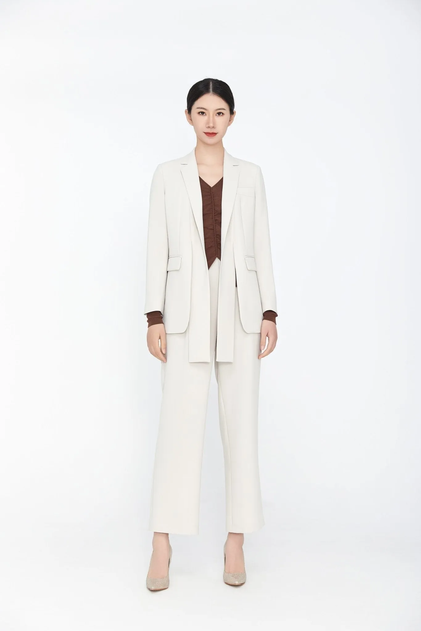 Beige Ribbons Slim-fit Blazer Suits