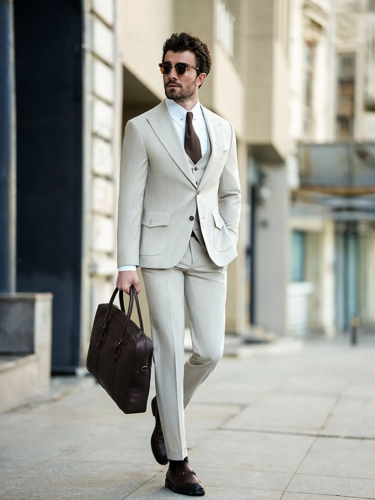 Beige Striped Slim-Fit Suit 3-Piece