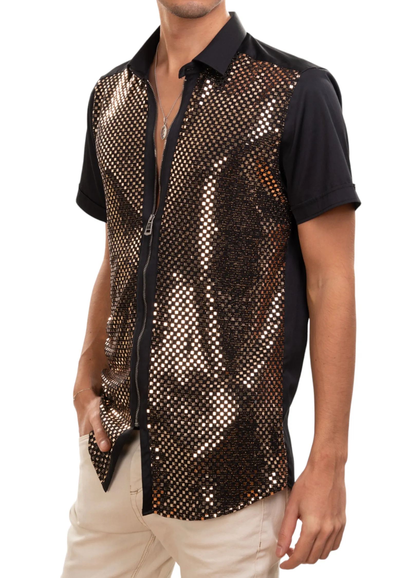 Black Gold Square Sequin Stretch Shirt