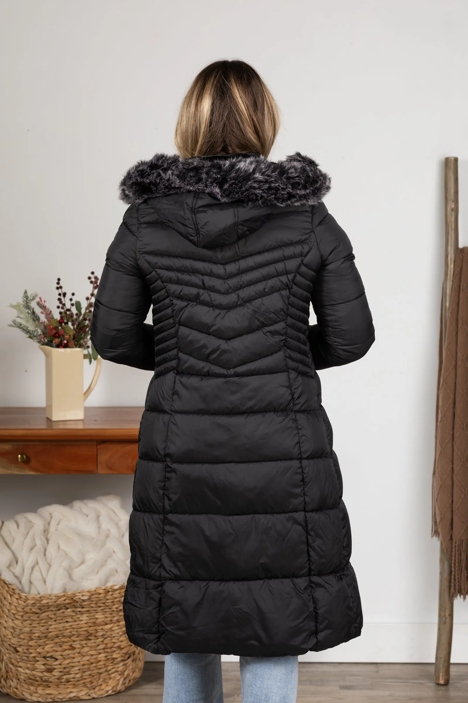 Black Long Puffer Coat With Fur Hood