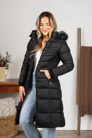 Black Long Puffer Coat With Fur Hood