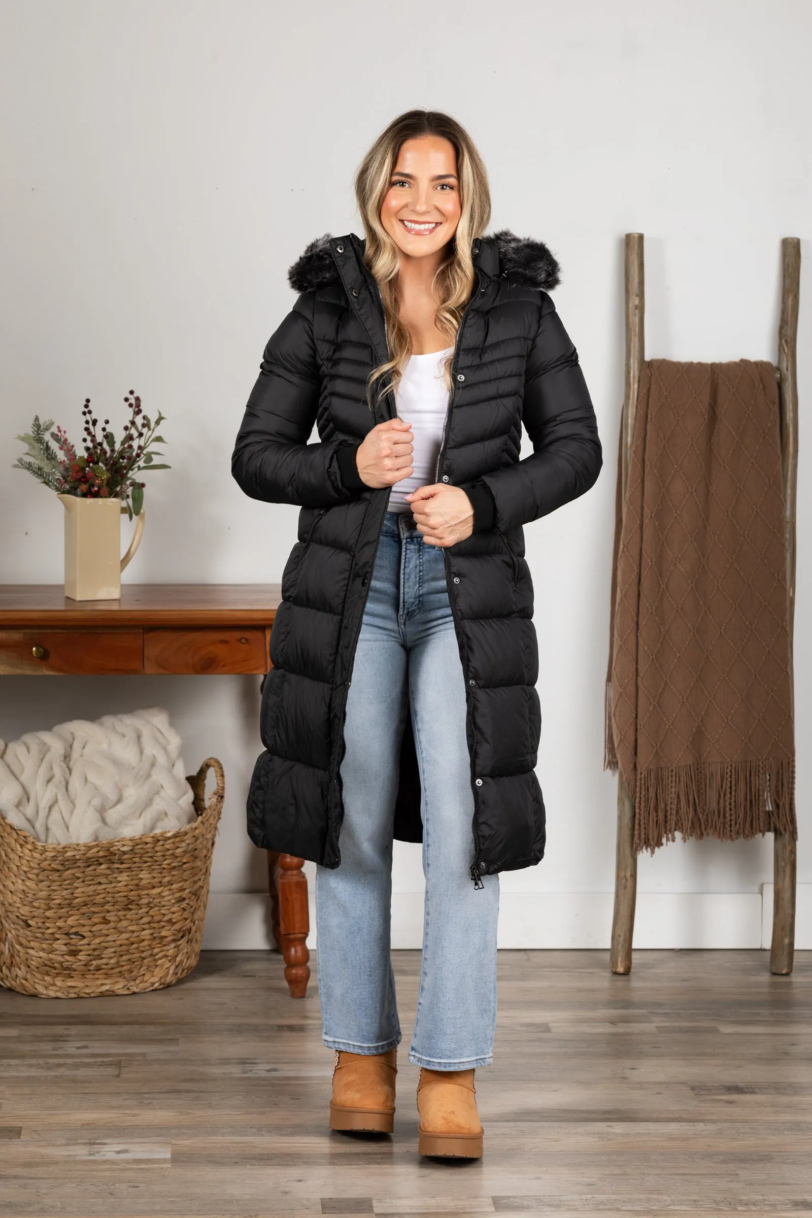 Black Long Puffer Coat With Fur Hood