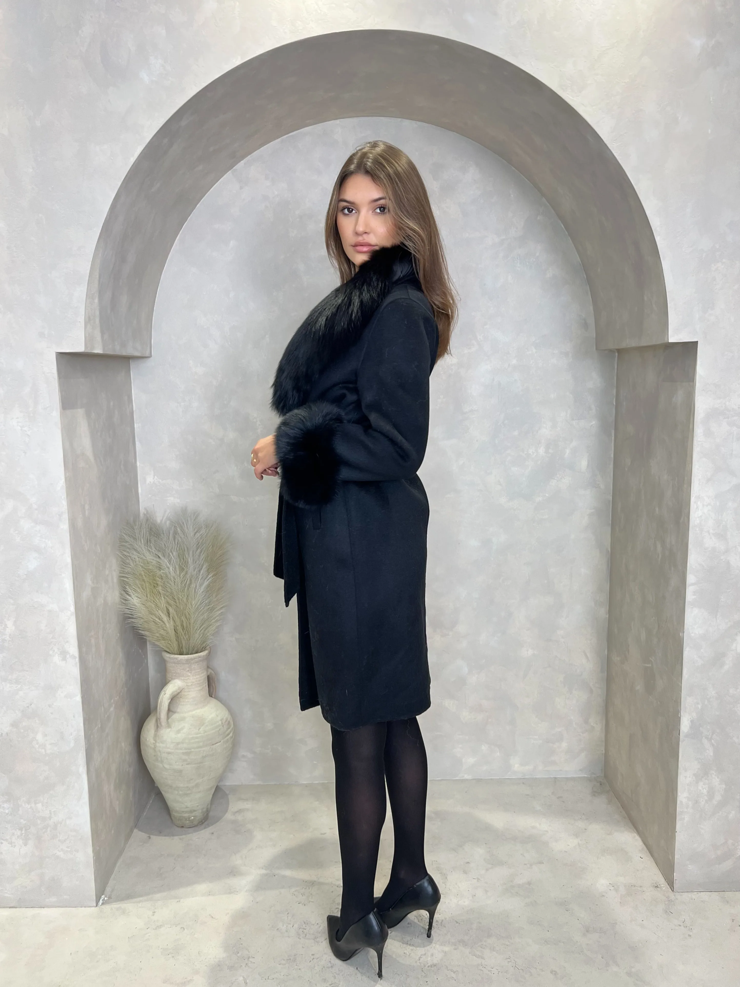 Black Luxury Fur Cashmere Coat