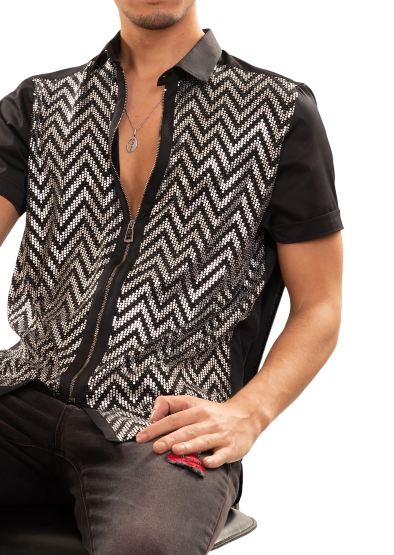 Black Silver Zigzag Sequin Stretch Shirt