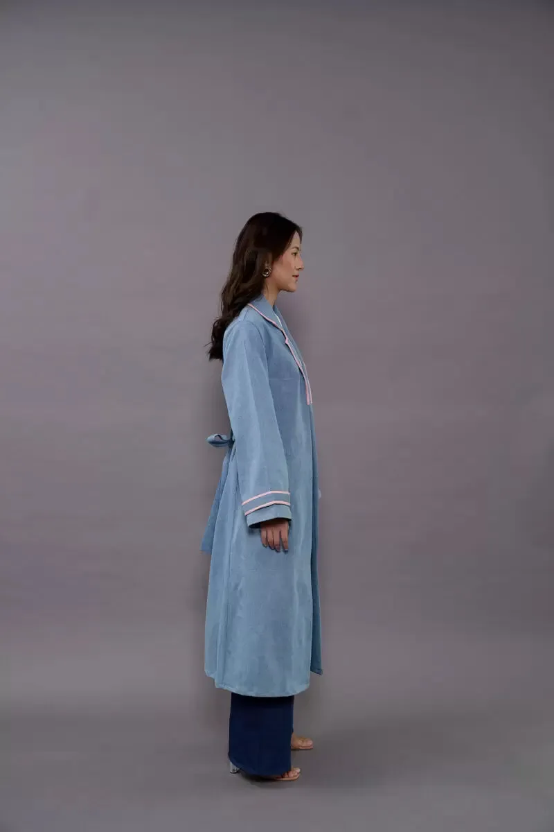 Blue Denim Coat: Notched Lapel Trench And Pant Set For Women