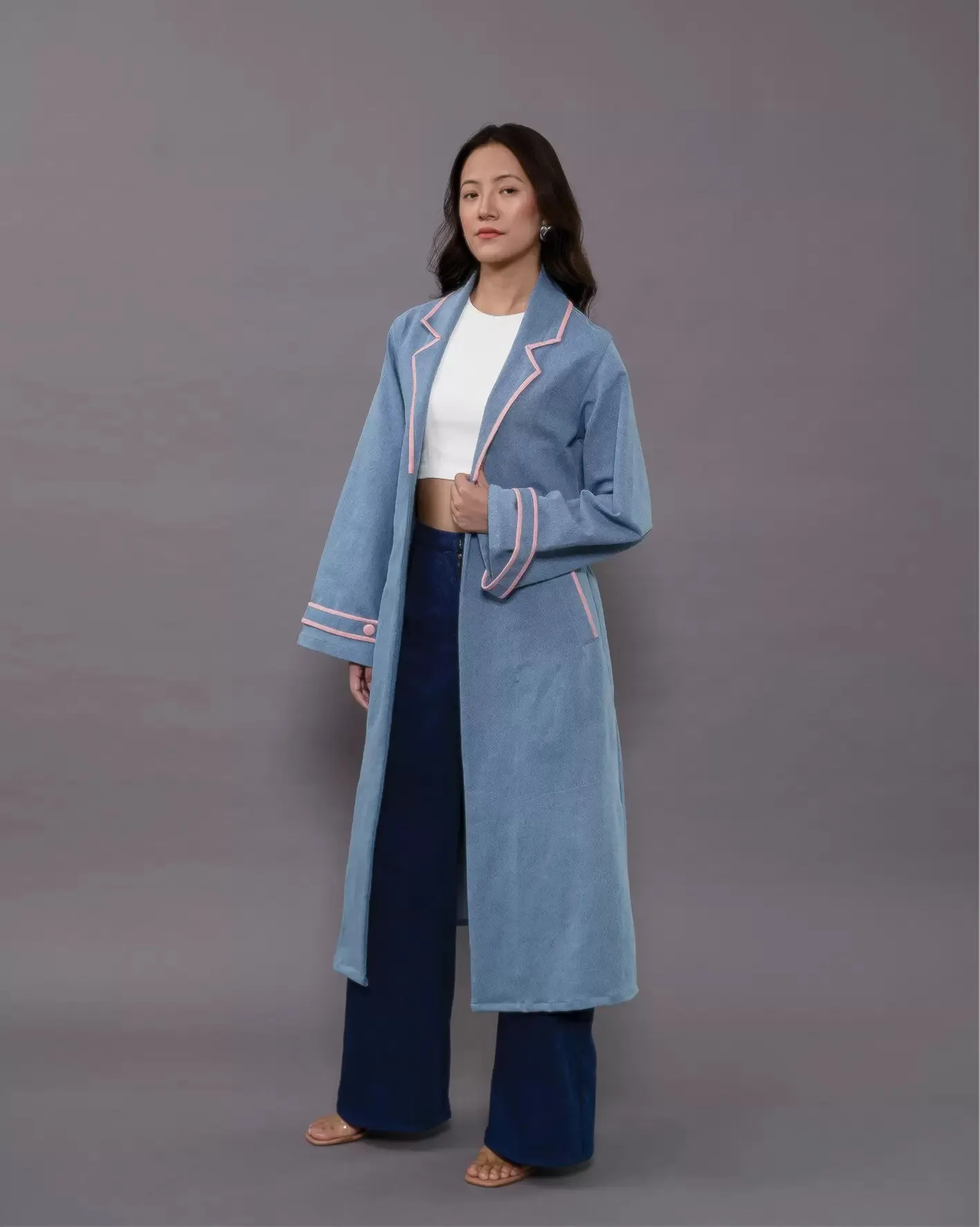 Blue Denim Coat: Notched Lapel Trench And Pant Set For Women