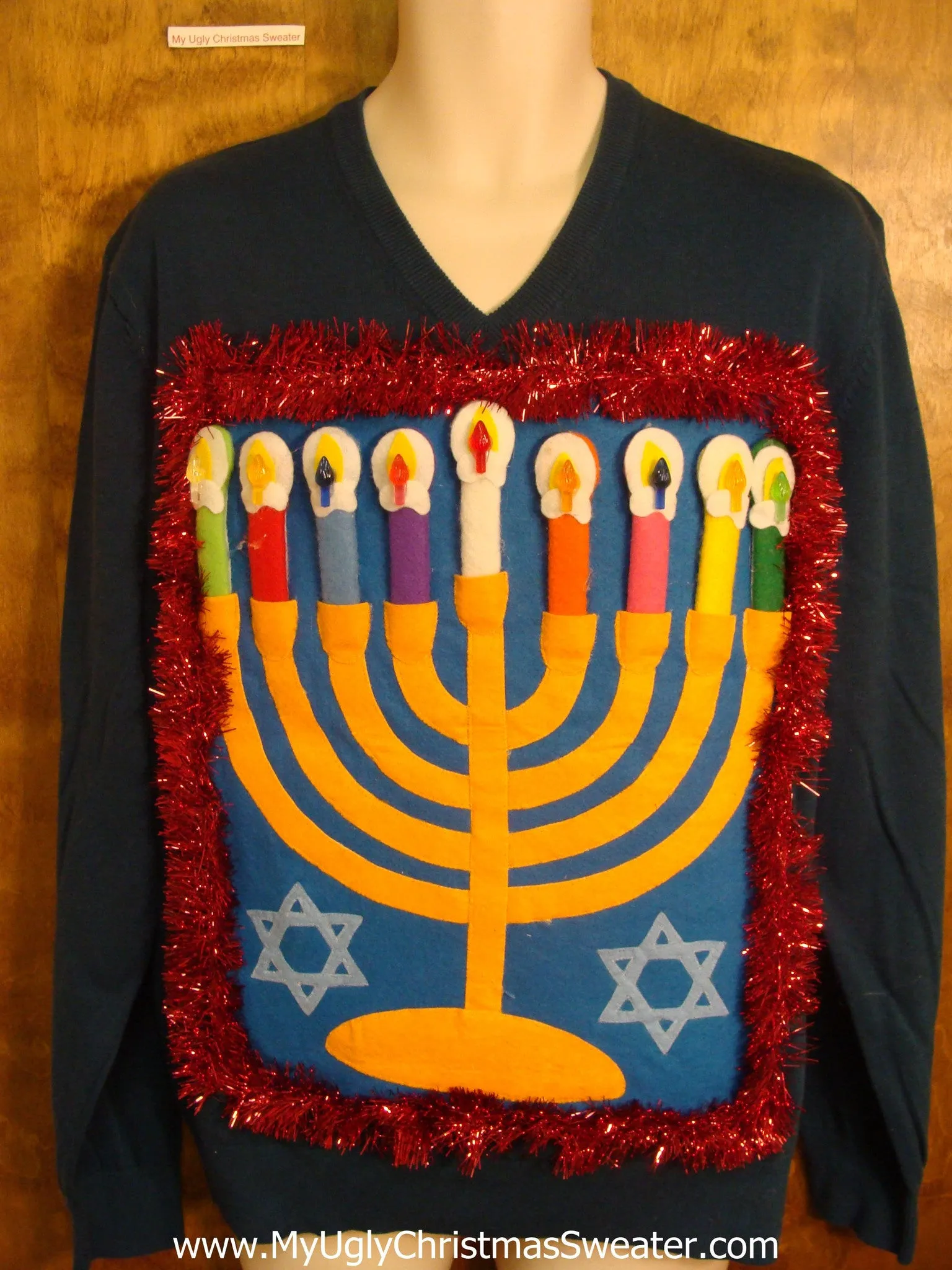 Blue Green Hanukkah Sweater with Red Garland