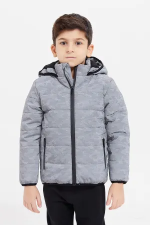 Boys Grey Reflective Puffer Hooded Jacket