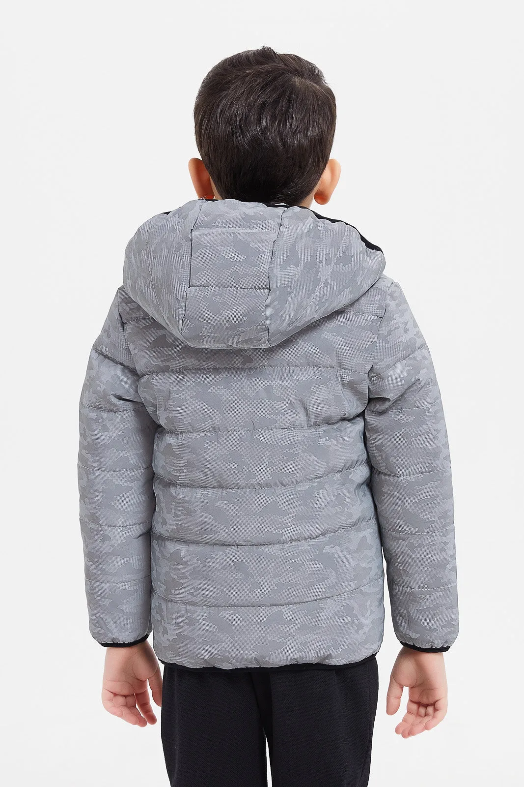 Boys Grey Reflective Puffer Hooded Jacket