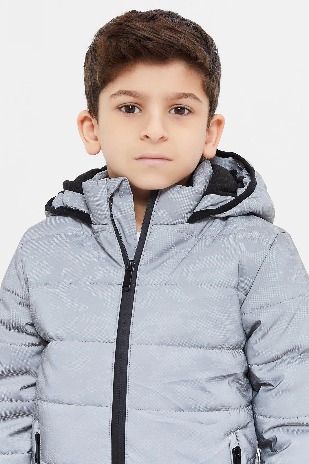 Boys Grey Reflective Puffer Hooded Jacket