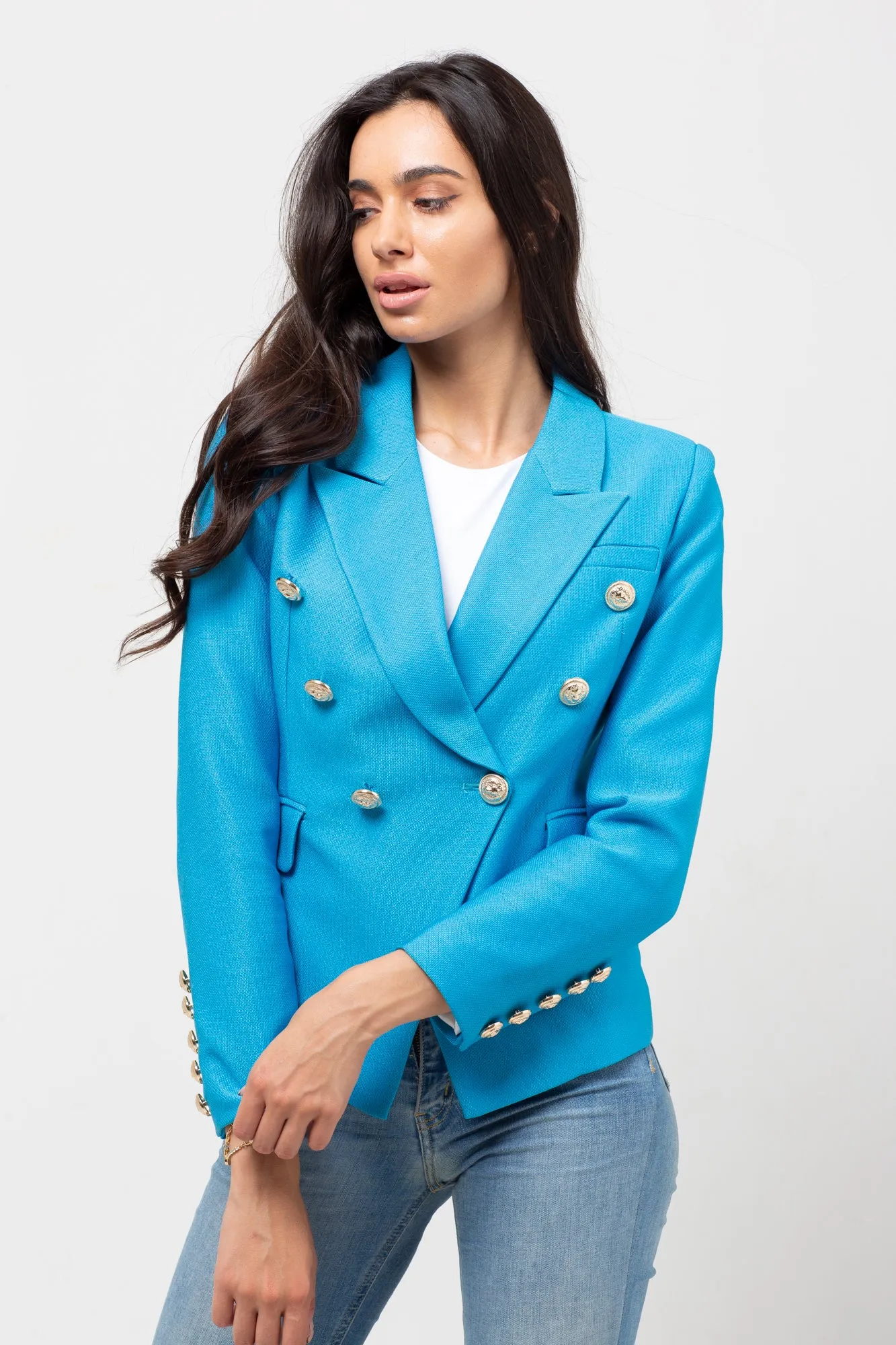 BRIGHT BLUE BLAZER GOLD BUTTONS