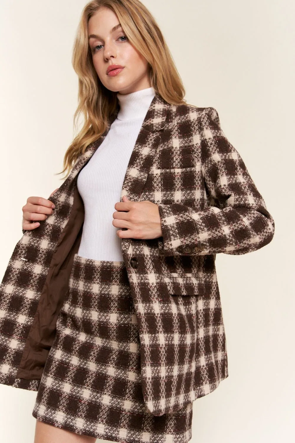 Brushed Plaid One Button Blazer in Brown