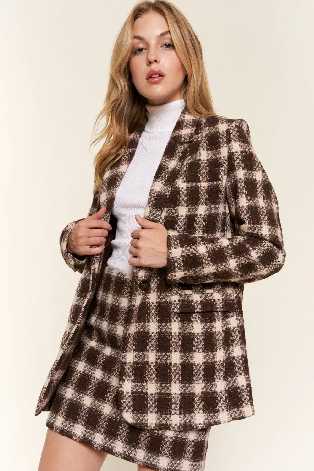 Brushed Plaid One Button Blazer in Brown