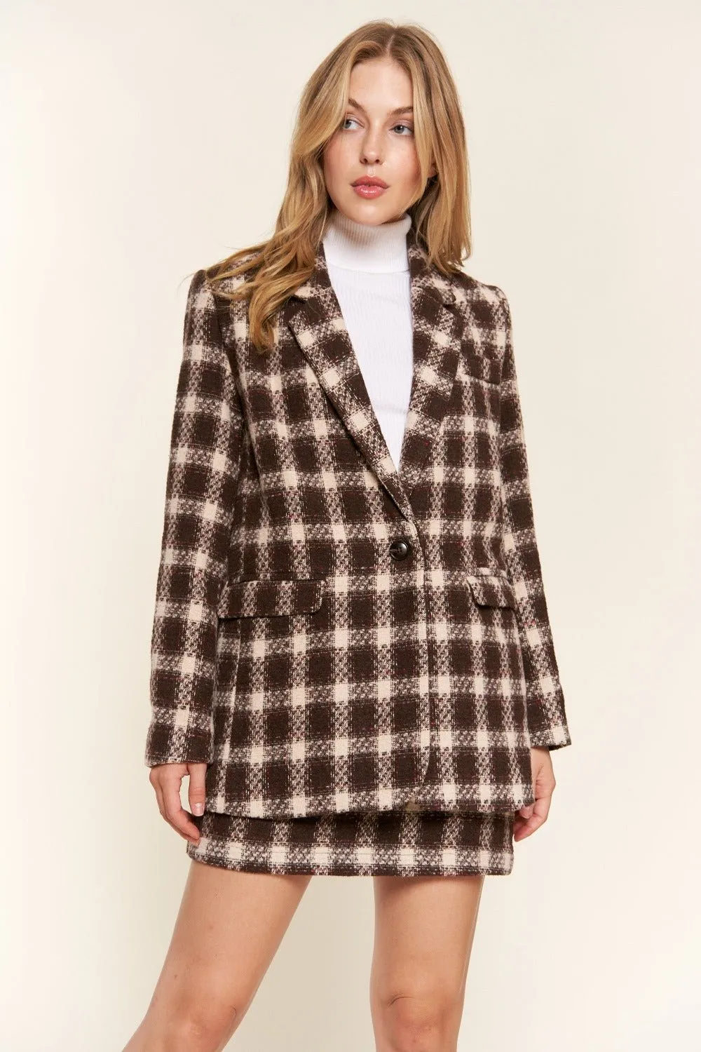 Brushed Plaid One Button Blazer in Brown