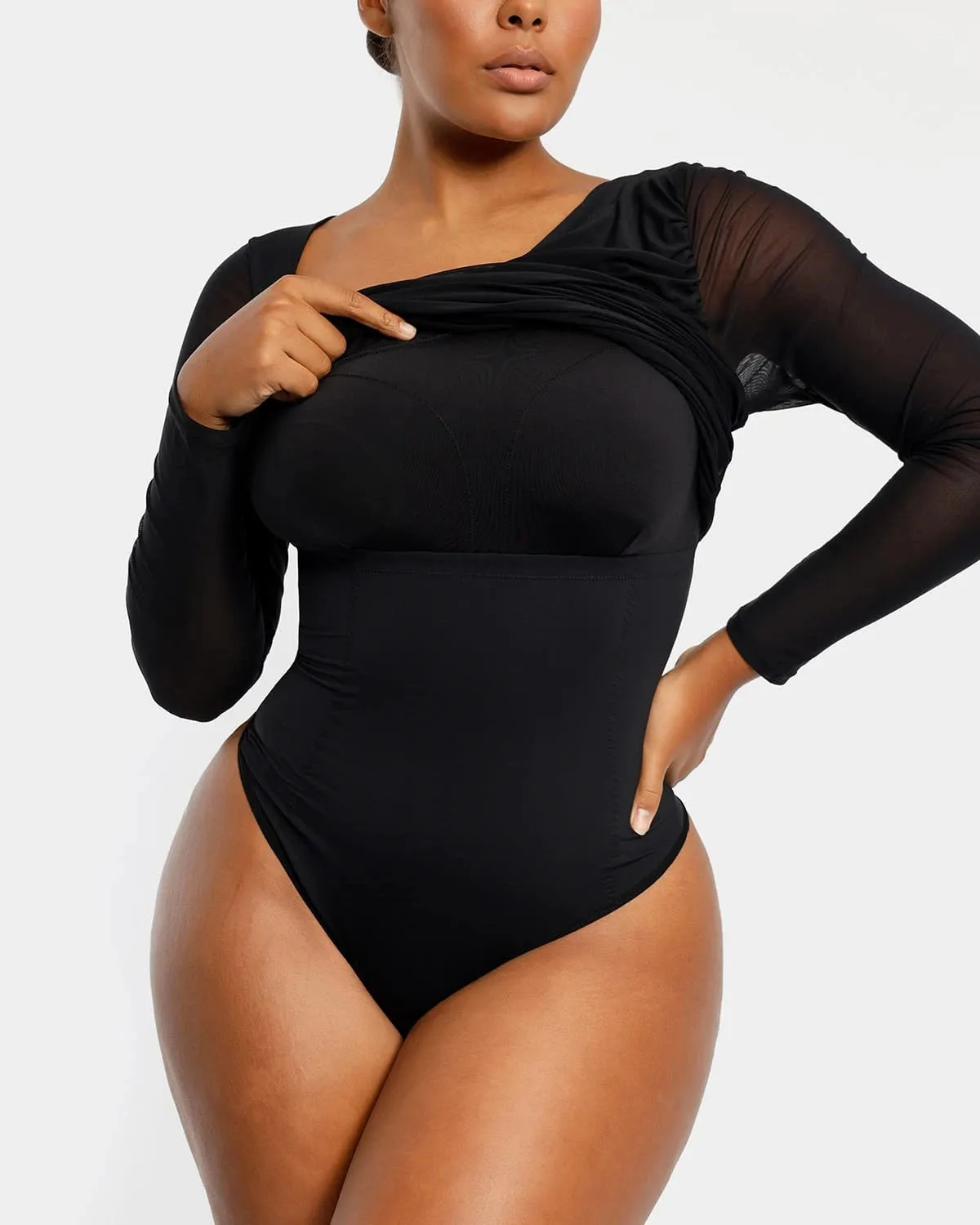 Built-In Shapewear 2-In-1 Slanted V-Neck Mesh Top