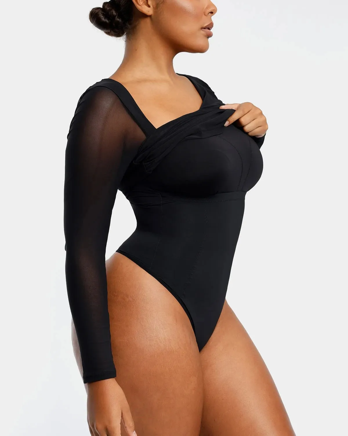 Built-In Shapewear 2-In-1 Slanted V-Neck Mesh Top