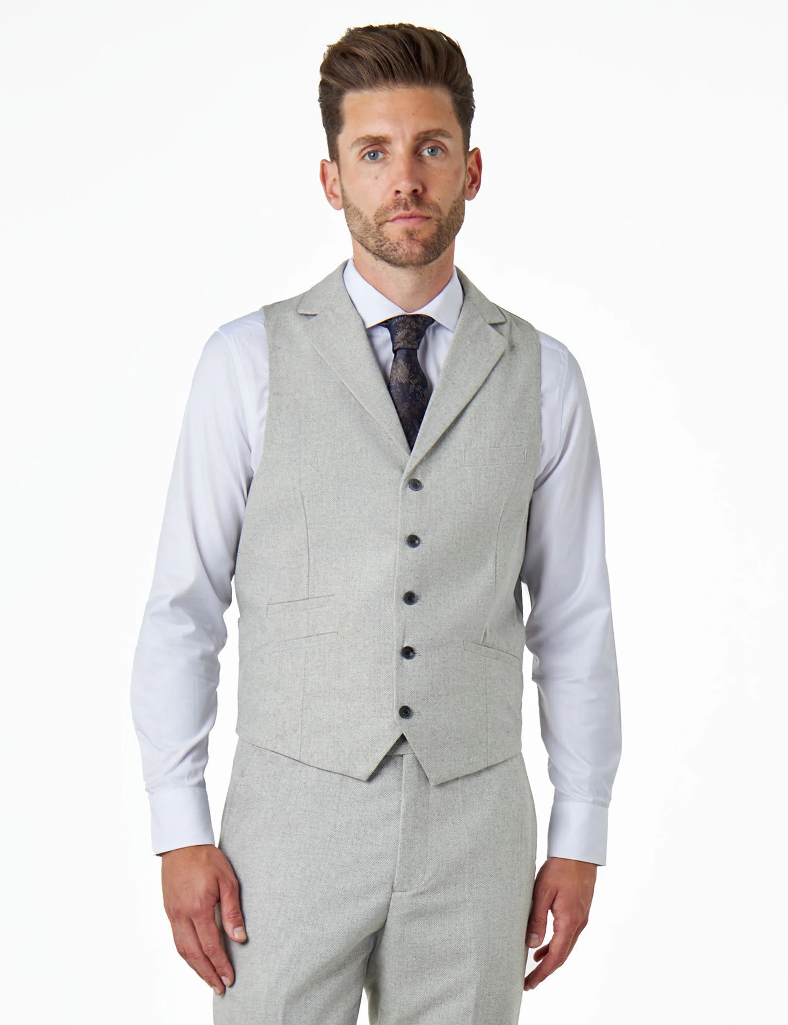 CALIX – Herringbone Tweed Tailored 3 Piece Suit in Grey