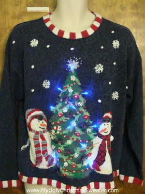 Carrot Nosed Snowmen Ugly Christmas Sweater with Lights