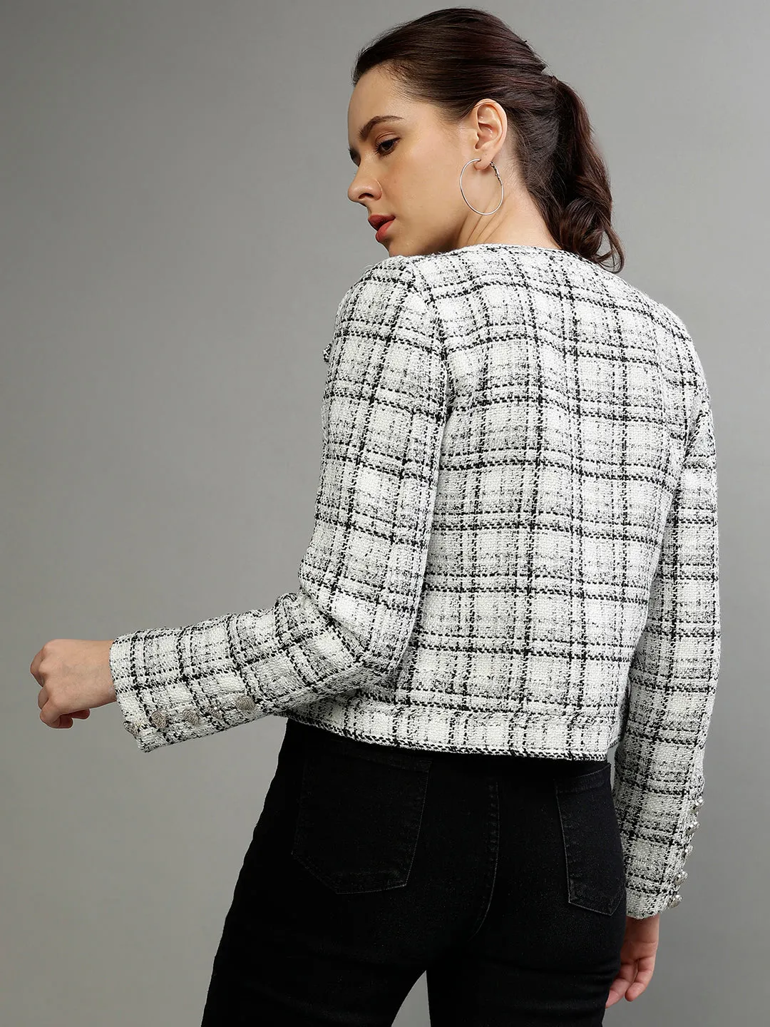 Centre Stage Women Checked Round Neck Full Sleeves Blazer