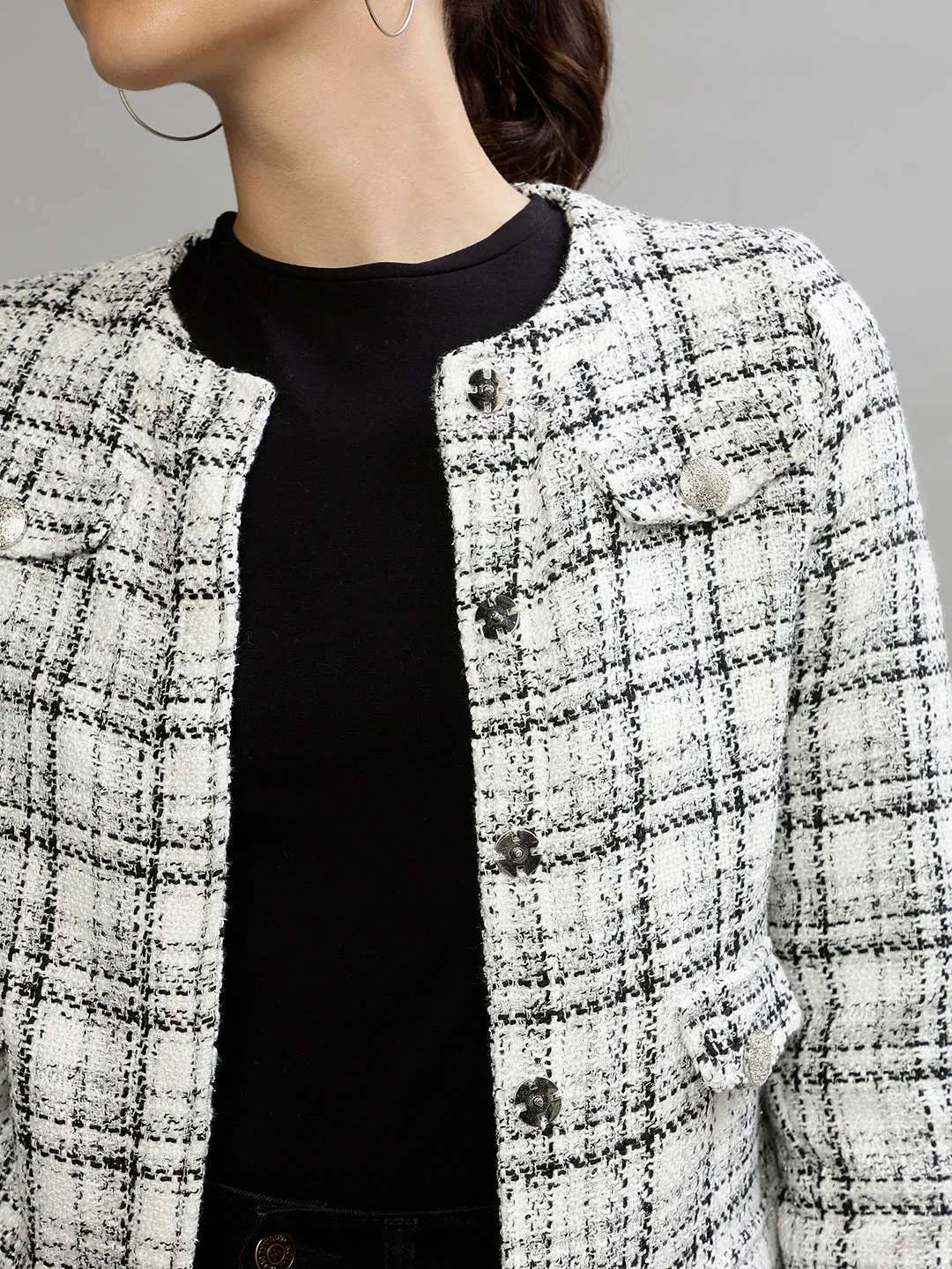 Centre Stage Women Checked Round Neck Full Sleeves Blazer