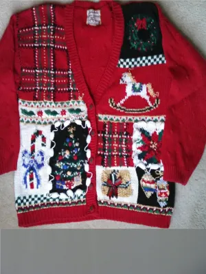 Cheesy Red Plaid Christmas Sweater with Rocking Horse