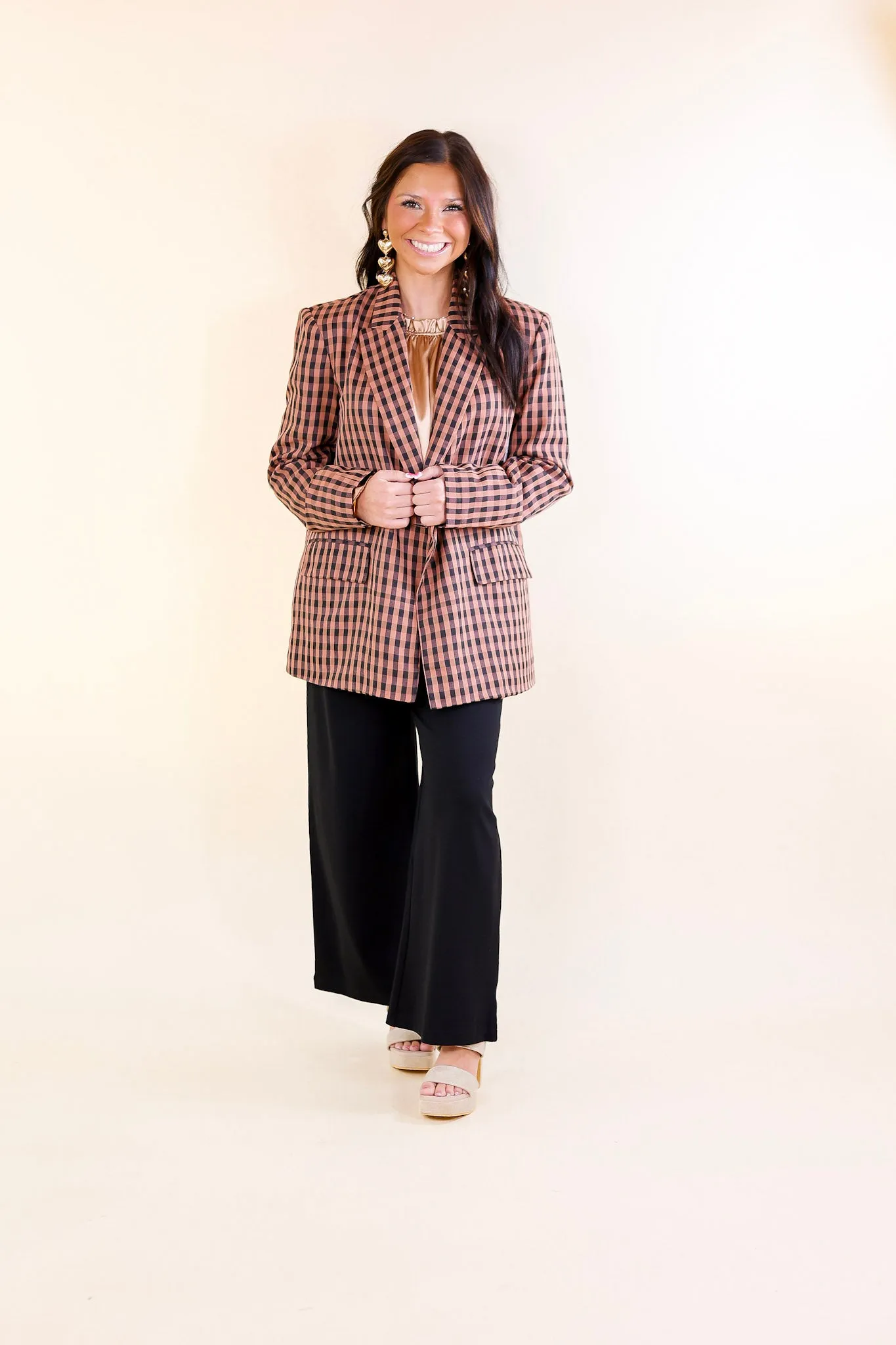 Coffee And Smiles Double Button Plaid Blazer with Long Sleeves in Terracotta Brown and Black