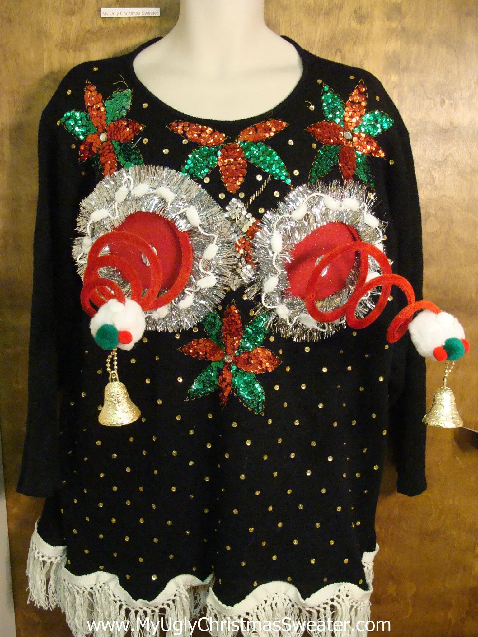 Crazy 80s Bling Poinsettias Naughty Ugly Christmas Sweater