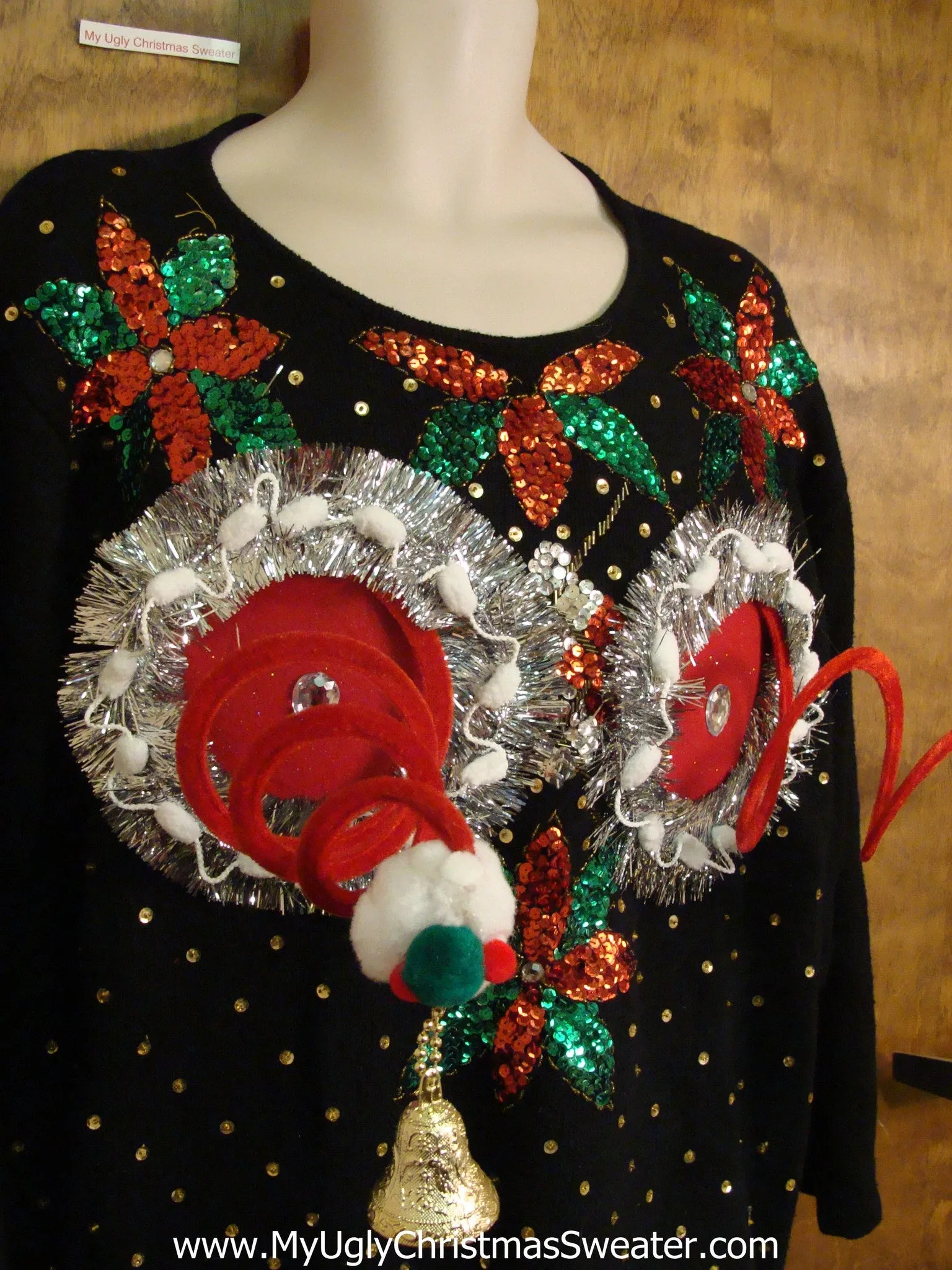 Crazy 80s Bling Poinsettias Naughty Ugly Christmas Sweater