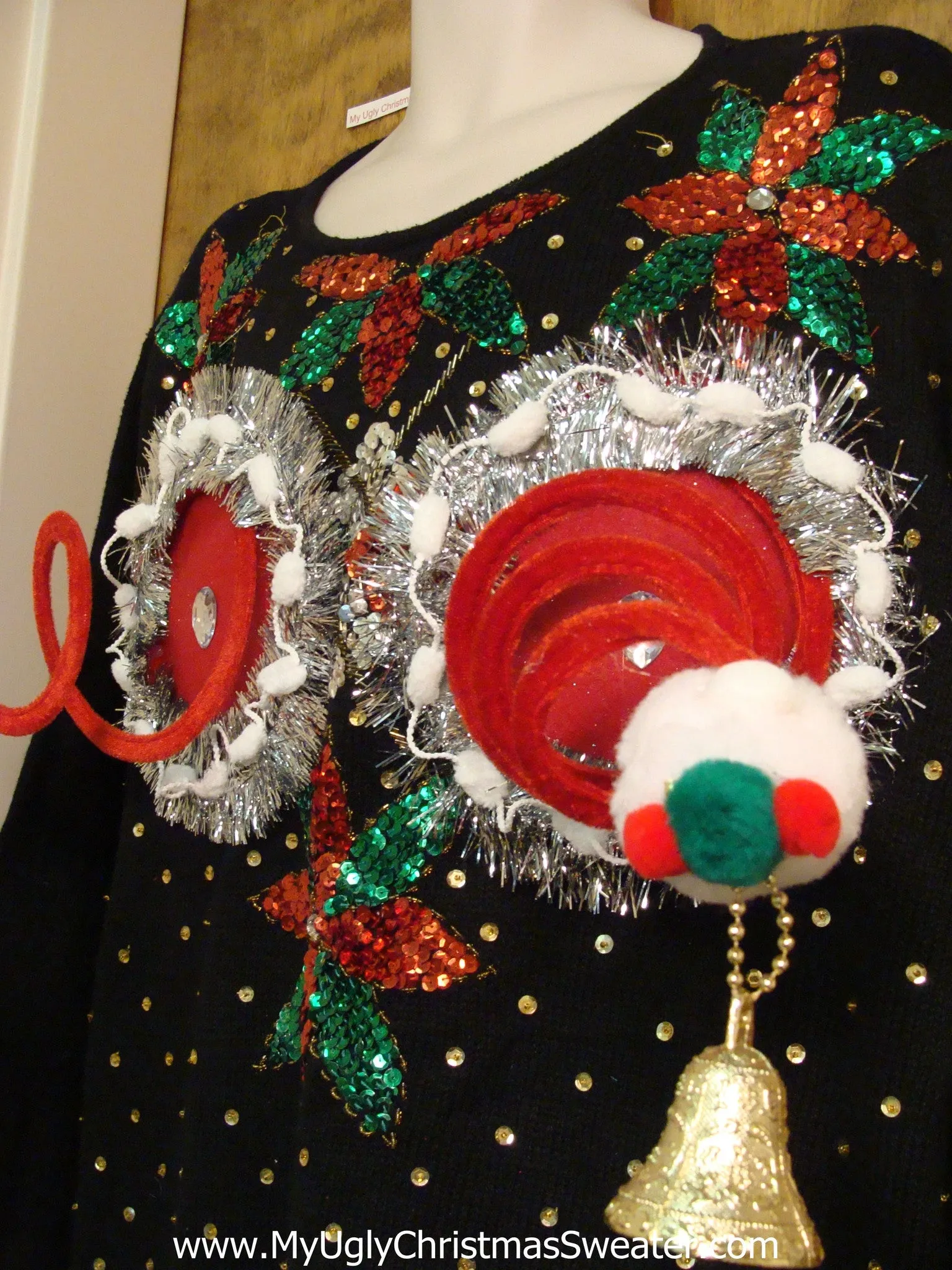 Crazy 80s Bling Poinsettias Naughty Ugly Christmas Sweater