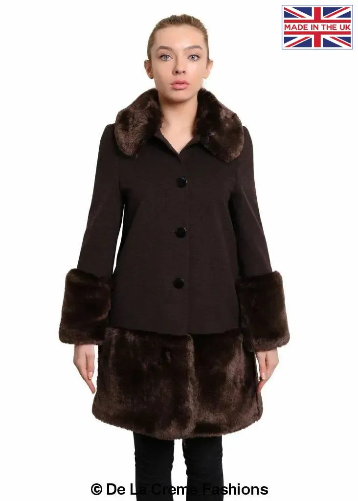 De La Creme - Womens Faux Fur Trim Wool Mix Coat