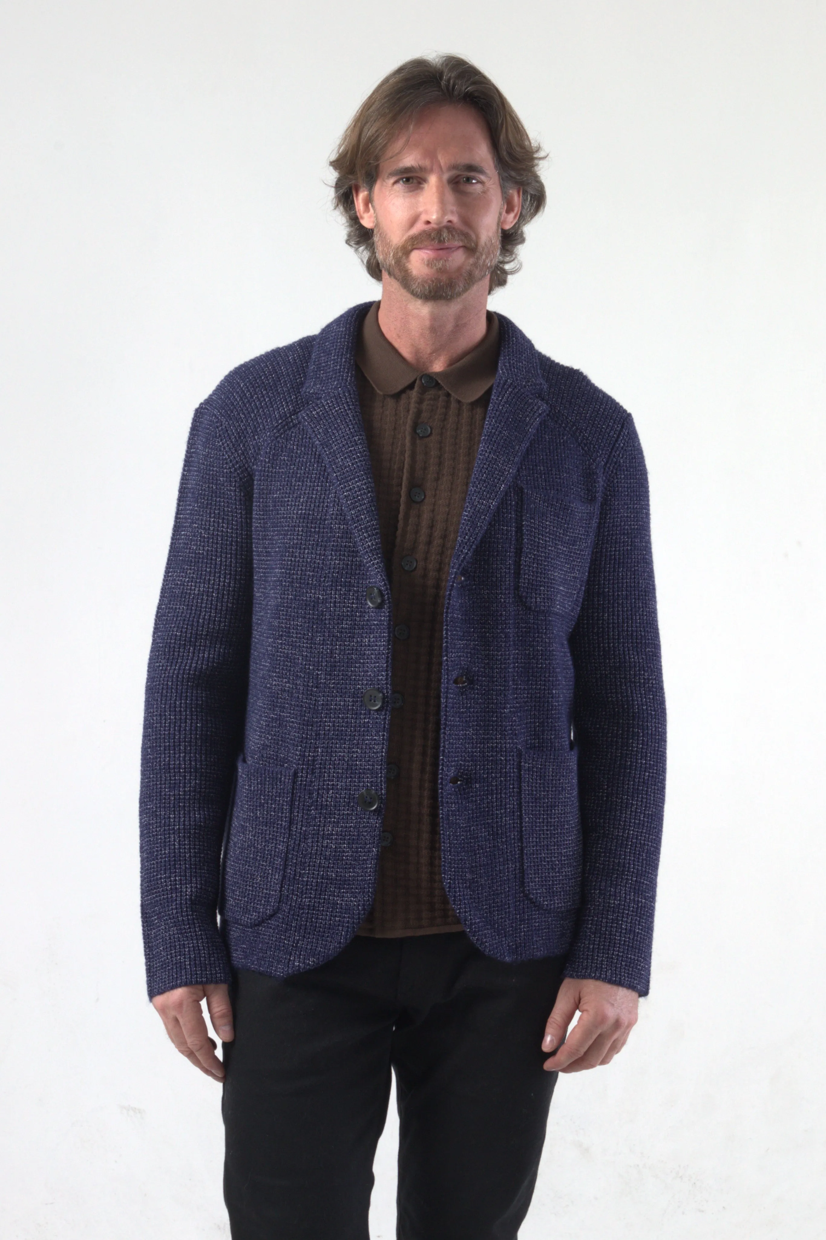 Denim Like Half Cardigan Stitch Knit Blazer