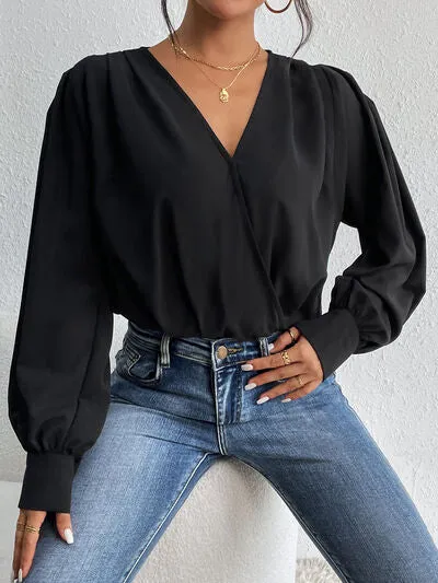 Denise Surplice Ruched Long Sleeve Bodysuit in Badass Black