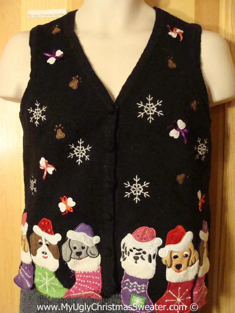 Dog Themed Tacky Cheesy Holiday Sweater Vest with Puppies in Stocking with Floating Bones with Bows  (f1154)