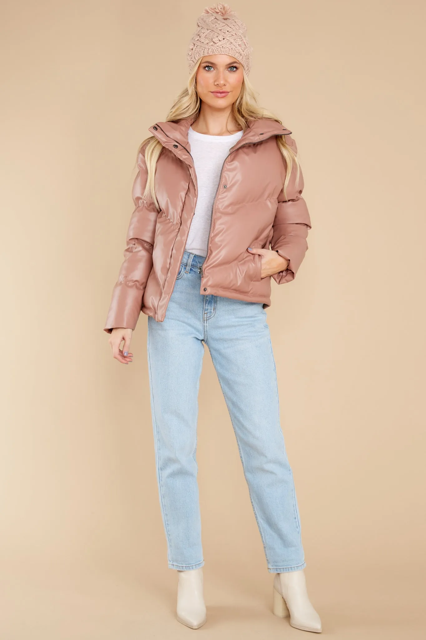 Downtown Rose Taupe Faux Leather Puffer Jacket