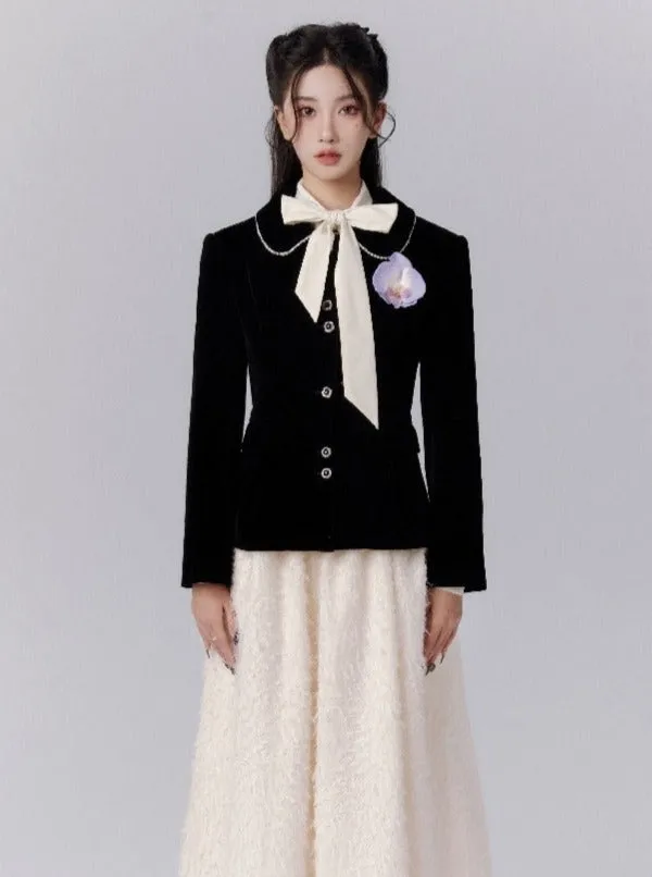 Elegant Black Fitted Blazer with Floral Brooch