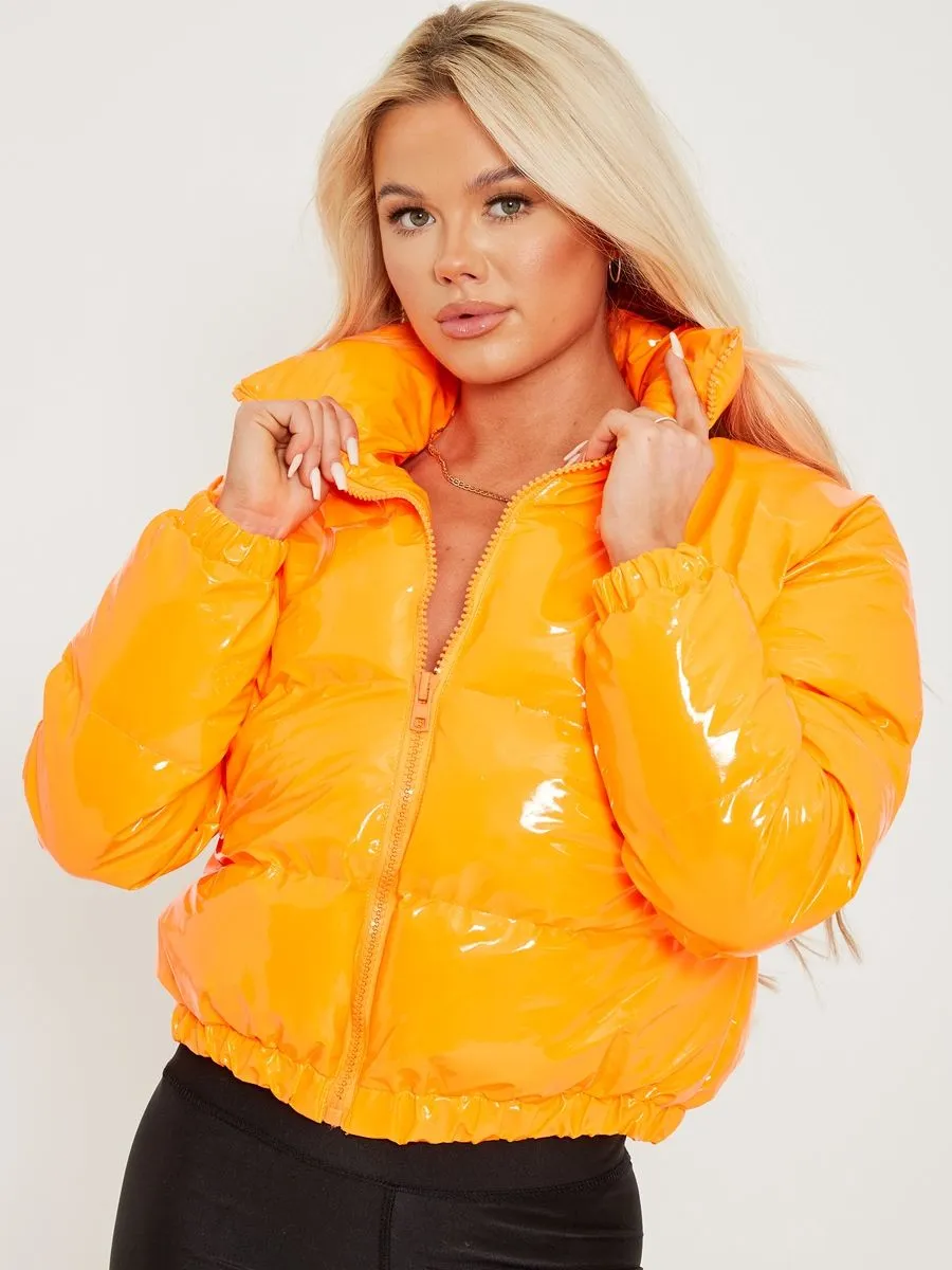 Emilia PVC Leather Cropped Puffer Jacket In Orange