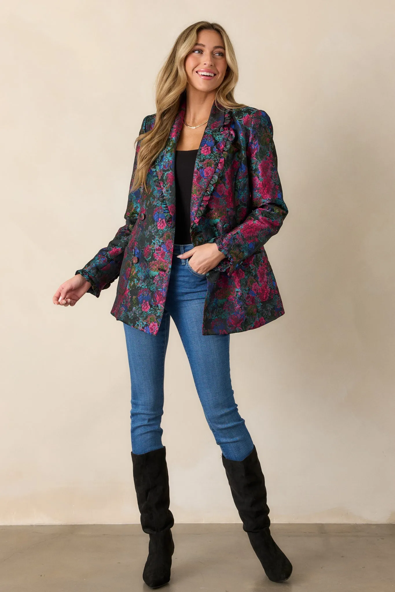 Feel The Vibe Navy Floral Jacquard Blazer